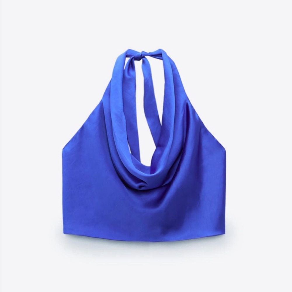 Zara Satin Cowl-neck Top Blue